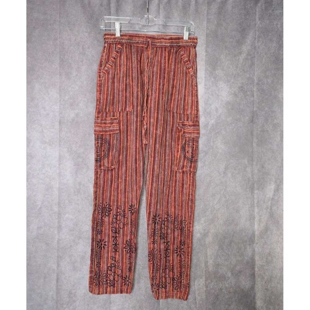 Rising International Rust Orange Striped Cargo Pants with Embroidered Hem